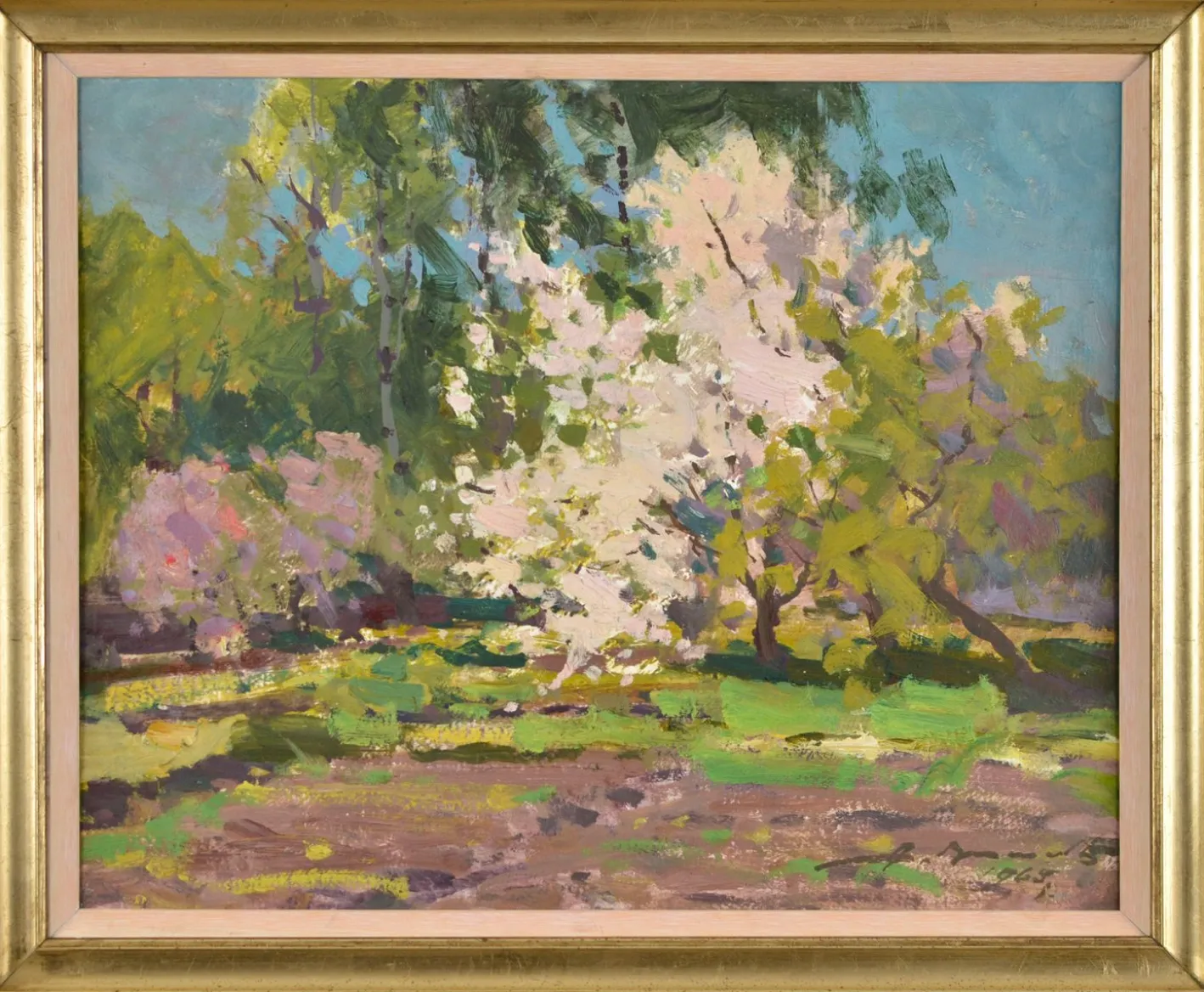 Alfejs Bromults, Blühender Apfelbaum, 1969, Öl auf Karton