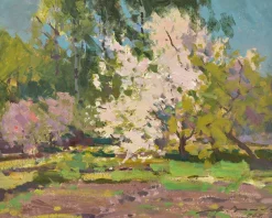 Alfejs Bromults, Blühender Apfelbaum, 1969, Öl auf Karton