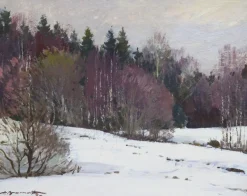 Alfejs Bromults, Forest Edge at Winter, 1983, Öl auf Karton