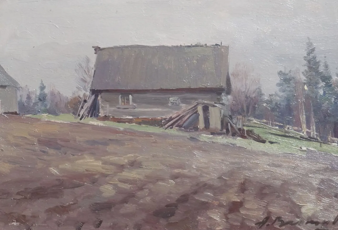 Alfejs Bromults, Landschaft, 1950er, Öl auf Karton
