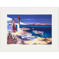 André Savy Alias Bongibault, Grèce - Trois barques devant la mer, 1995, Lithographie