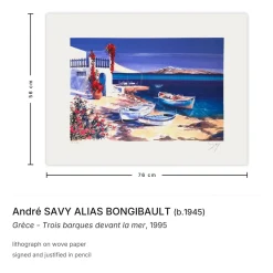 André Savy Alias Bongibault, Grèce - Trois barques devant la mer, 1995, Lithographie
