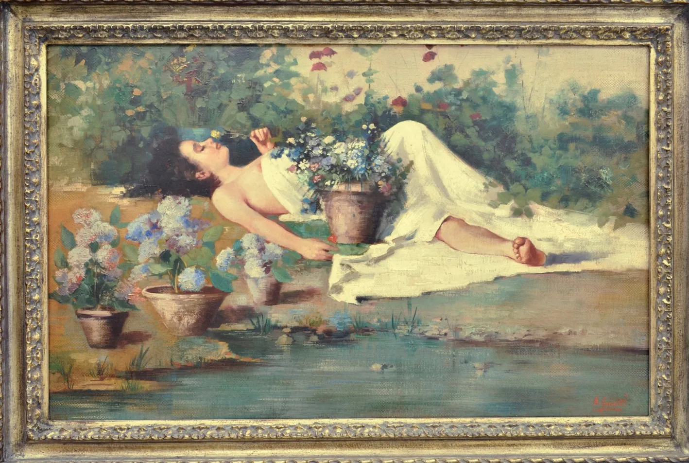 Angelo Granati, In the Garden, Neapolitan School, Öl auf Leinwand, gerahmt