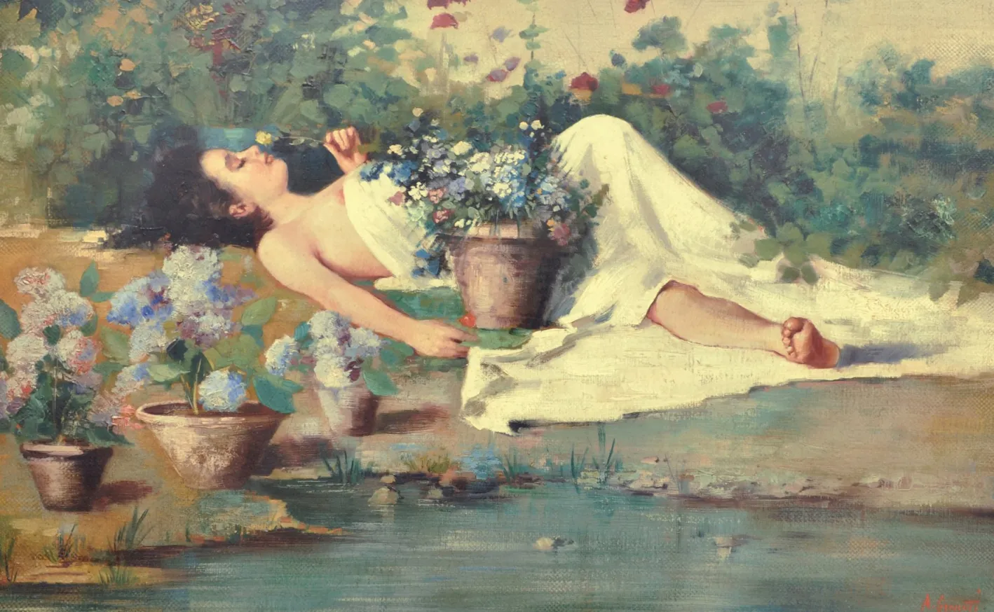 Angelo Granati, In the Garden, Neapolitan School, Öl auf Leinwand, gerahmt