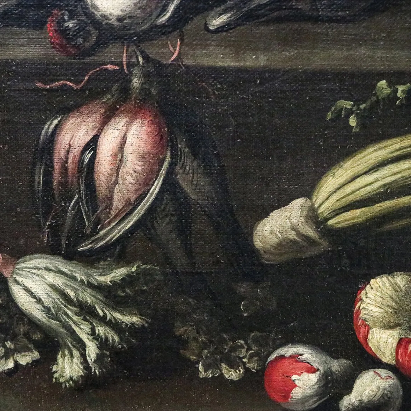 Angelo Maria Rossi, Stillleben mit Vase mit Blumen, Wild, Pilzen und Gemüse, 1600er, Öl auf Leinwand, Gerahmt