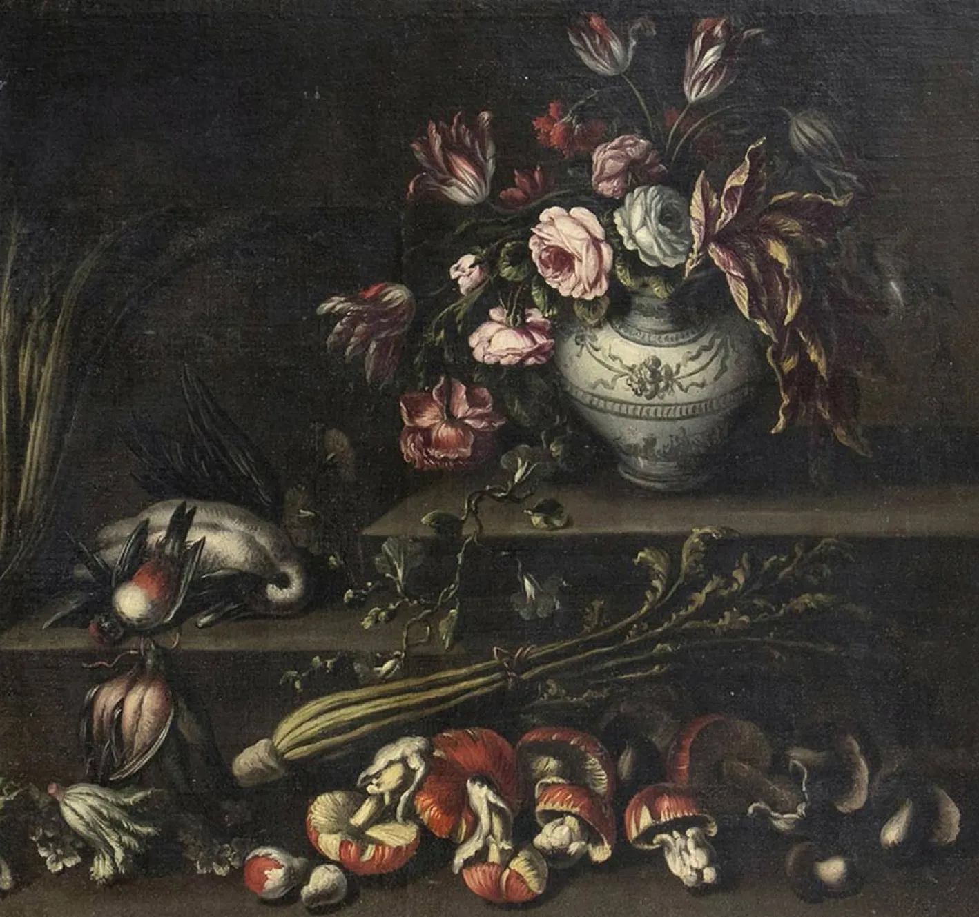 Angelo Maria Rossi, Stillleben mit Vase mit Blumen, Wild, Pilzen und Gemüse, 1600er, Öl auf Leinwand, Gerahmt