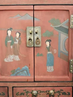 Antike Chinesische Nachttische mit Rotem Lack und handbemalten Ornamenten, 1800er, 2er Set