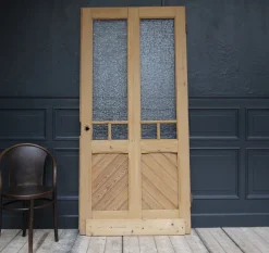 Antike Kiefernholztür mit Glas, 1890er