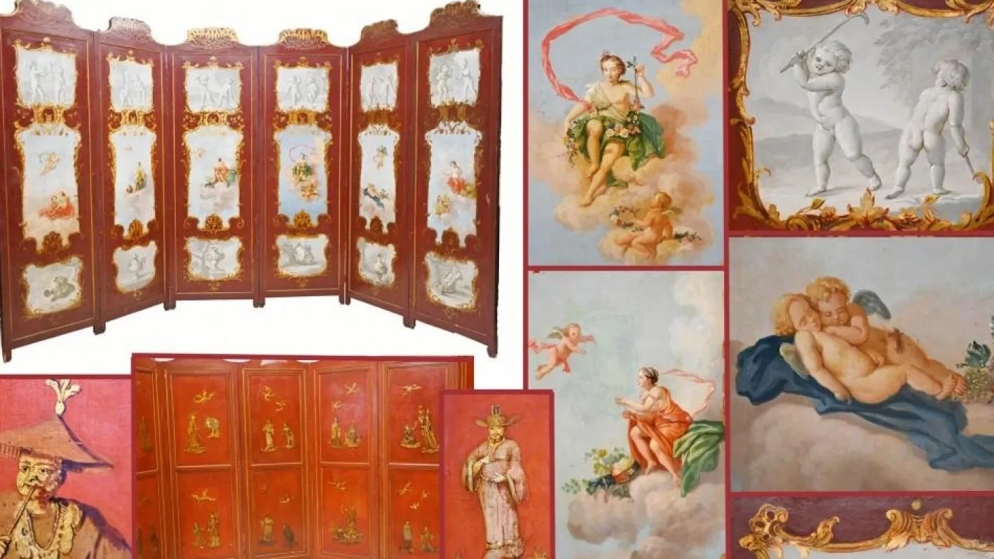 Antiker bemalter Chinoiserie Raumteiler, 1890er