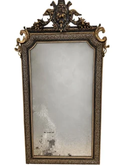 Antiker viktorianischer gotischer Spiegel mit Blattsilber Intarsie über schwarzem Gesso Rahmen, 1850