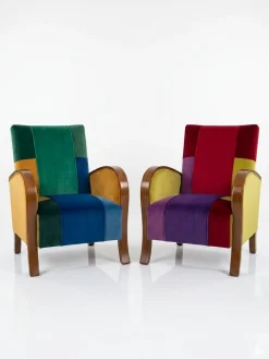 Art Deco Sessel mit buntem Patchwork-Samt, 2er Set