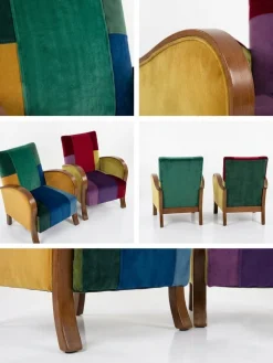 Art Deco Sessel mit buntem Patchwork-Samt, 2er Set