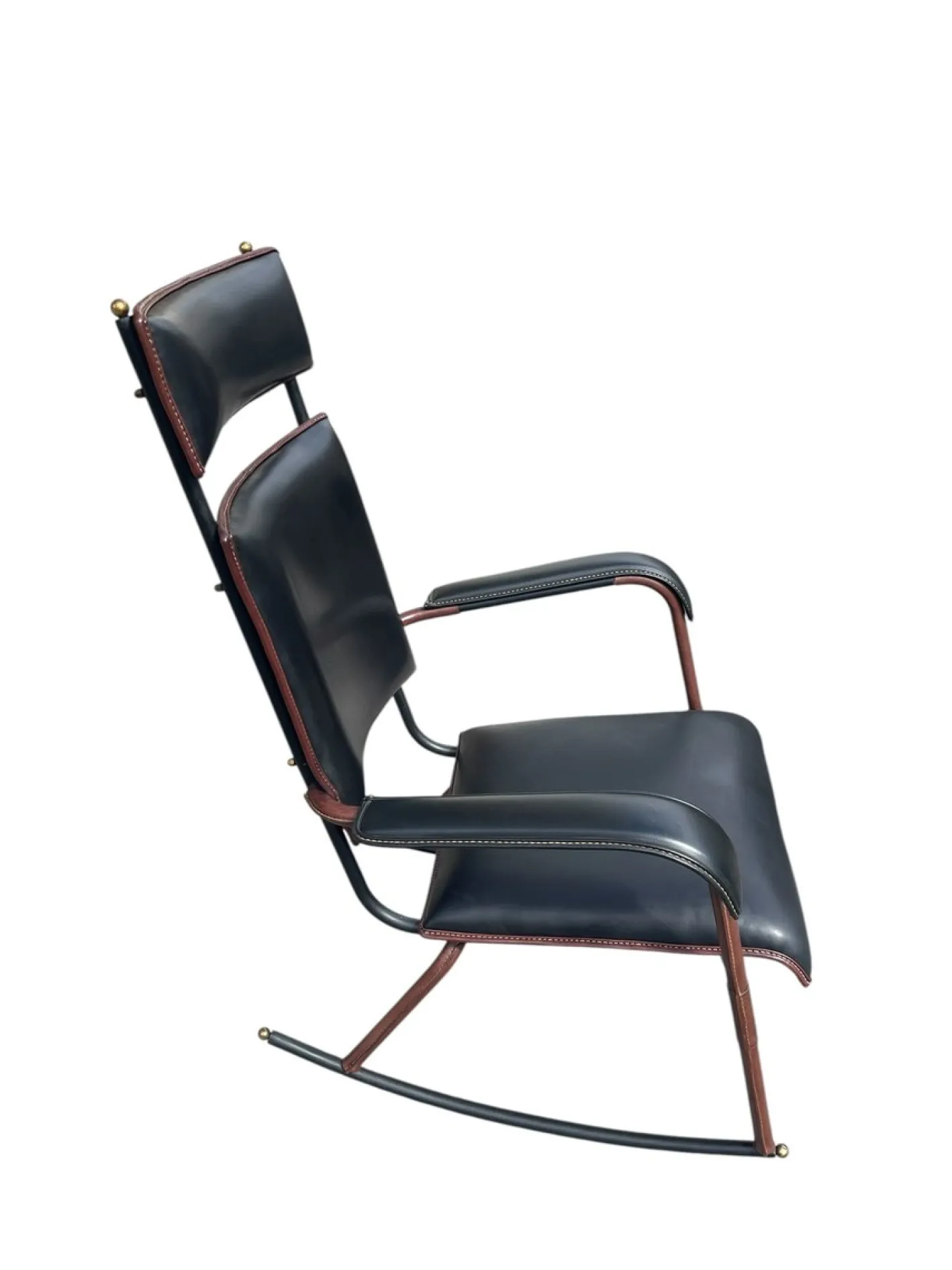 Bestickter Schaukelstuhl aus Leder von Jacques Adnet, 1950er
