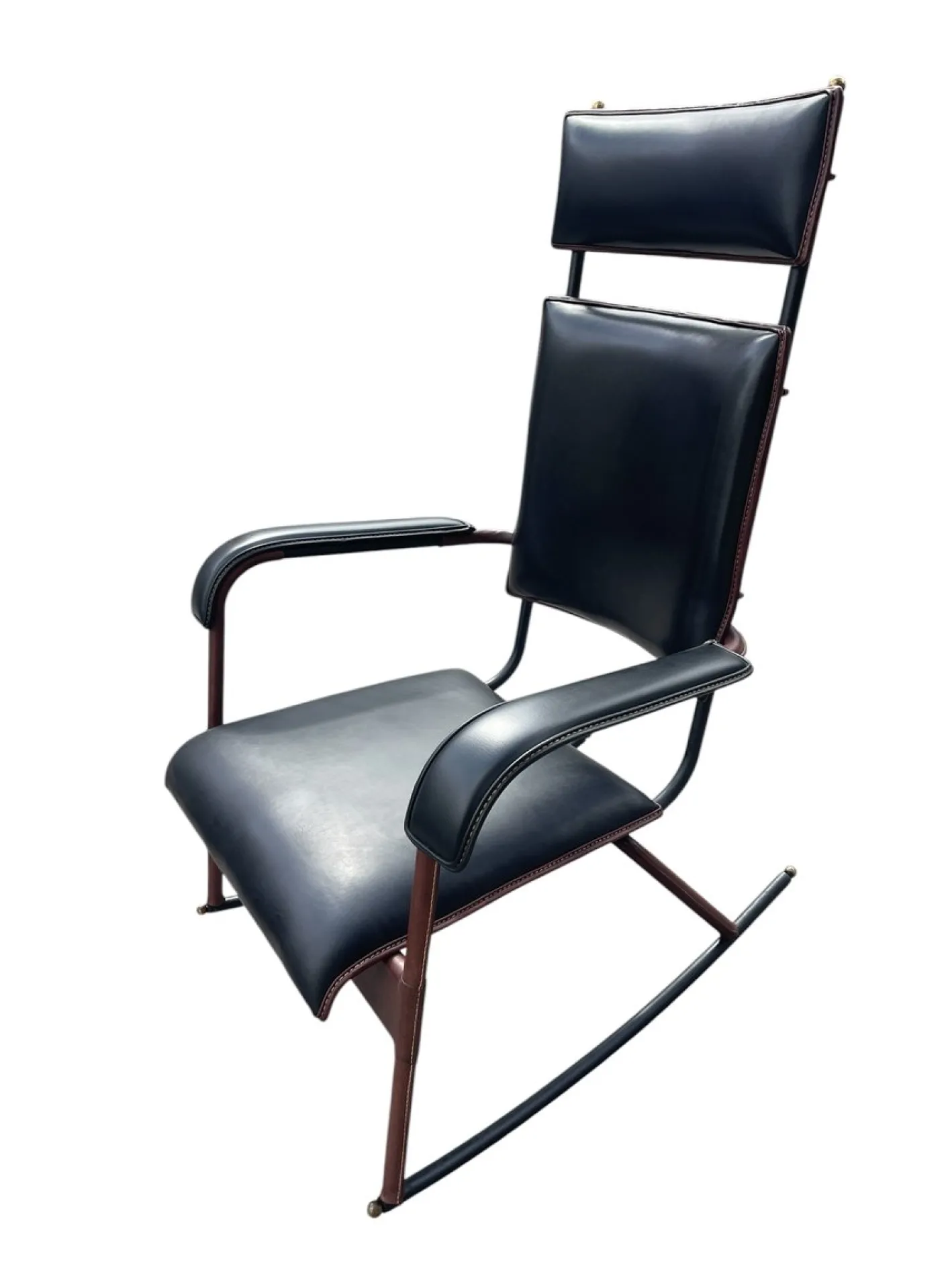 Bestickter Schaukelstuhl aus Leder von Jacques Adnet, 1950er