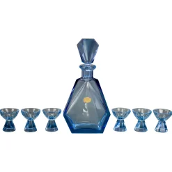 Böhmische Art Deco Karaffe und Gläser aus blauem Glas, 1930er, 7 . Set