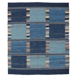 Blau karierter skandinavischer Wollteppich von Rug&Kelim