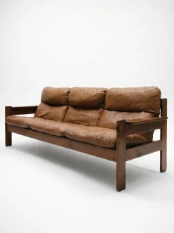 Brutalistisches Vintage Sofa aus cognacfarbenem Leder, 1960er-70er