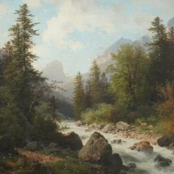 Carl Hasch, Berglandschaft mit Stromschnellen, 1892, Öl auf Leinwand, gerahmt