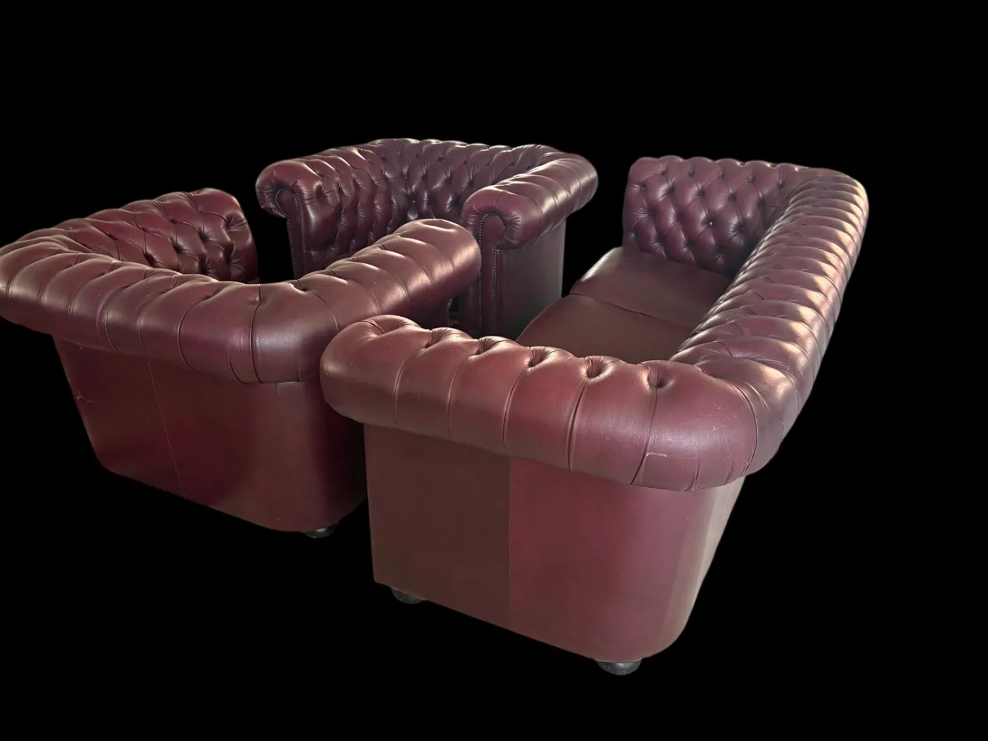 Chesterfield Sofas aus Lila Leder, 1980, 3er Set