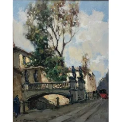 Cirano Castelfranchi, Blick auf den Naviglio in Via San Damiano, 1951, Öl auf Holz