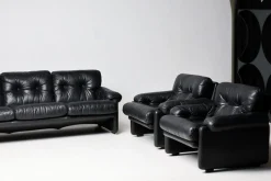Coronado Wohnzimmer Set aus schwarzem Leder von Tobia Scarpa für B&B Italia, 1976, 4er Set