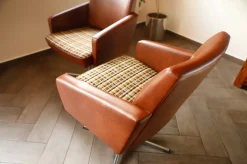 DDR Drehsessel aus Braunem Kunstleder und Kariertem Sitz, 1970er, 2er Set