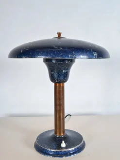 Deutsche Industrielle Blaue Mushroom Schreibtischlampe aus Aluminium & Kupfer, 1950er