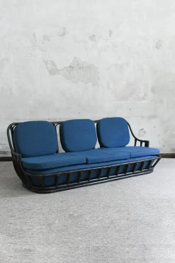 Dunkel lackiertes Manao Cane Wohnzimmer Set mit Ledereinbänden, 1980er, 3 . Set