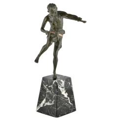 Edouard Drouot, Art Deco Skulptur eines tanzenden Satyrs mit Flöten, 1920, Bronze auf Marmorsockel