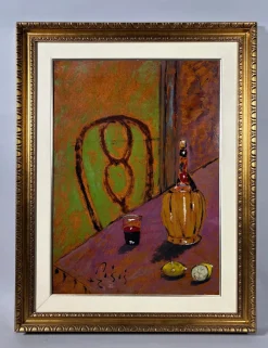 Filippo De Pisis, Stilleben mit einer Flasche Chianti, Öl auf Holz, 1940er