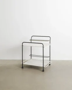 Französischer Mid-Century Servierwagen aus Metall & Messing in Schwarz & Weiß von Mathieu Matégot, 1950er