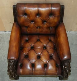 Handgeschnitzte Lion Chesterfield Ledersessel Suite, 1880er, 4er Set