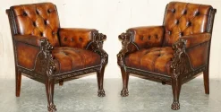 Handgeschnitzte Lion Chesterfield Ledersessel Suite, 1880er, 4er Set