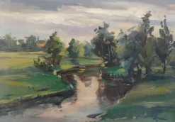 Harijs Veldre, Landschaft mit Fluss, 1947, Öl auf Karton