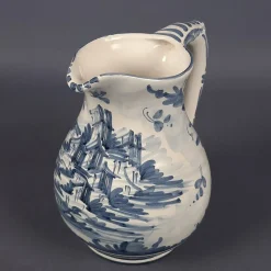 Majolika Krug mit Landschaft, Häusern und Blumen in Weiß & Blau von Albissola, 1960er