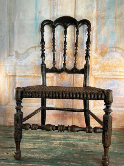 Napoleon III Kinderstuhl aus geschwärztem Holz & Geflecht, Ende 19. Jh.