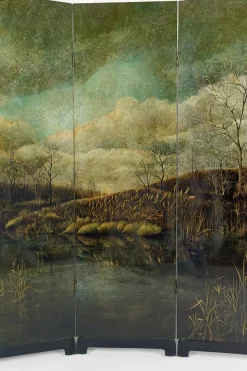 4-Panel Wandschirm mit lackierter Landschaft von Bernard Cuenin, 1970er