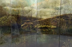 4-Panel Wandschirm mit lackierter Landschaft von Bernard Cuenin, 1970er
