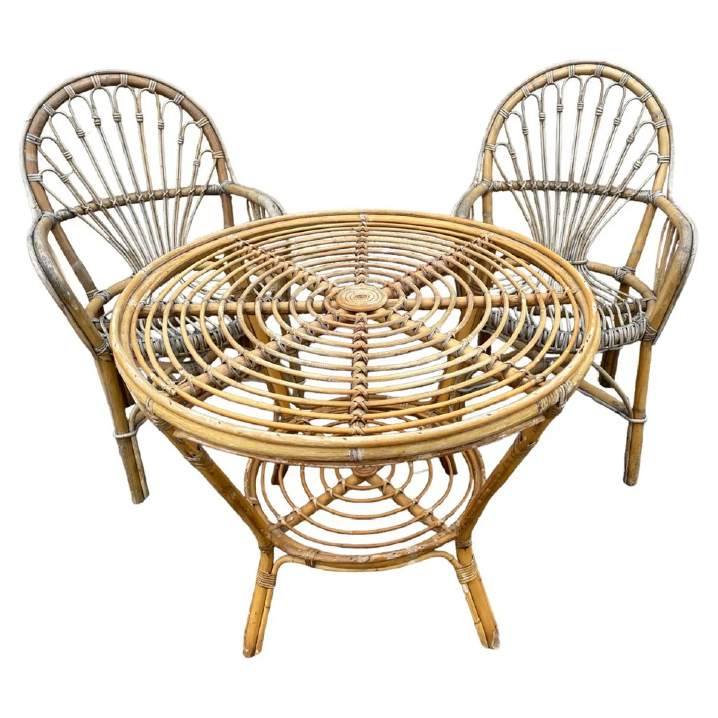 Rattan Sessel & Tisch, 1960er, 3er Set