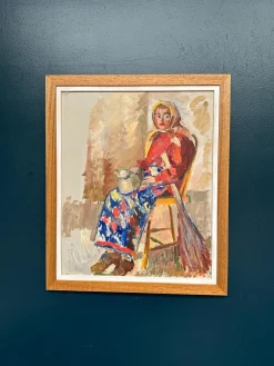 Svan Wallquist, Frau mit Besen und Teekanne, 1950er, Öl auf Holz, gerahmt