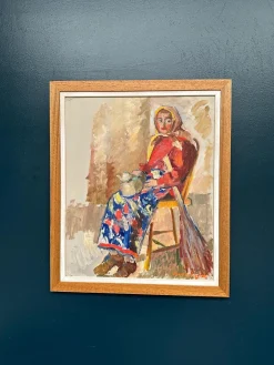 Svan Wallquist, Frau mit Besen und Teekanne, 1950er, Öl auf Holz, gerahmt