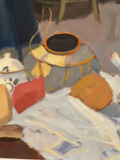 T. Ahlm, Stillleben mit Kaffeekannen, 1960er, Ölgemälde auf Leinwand, gerahmt