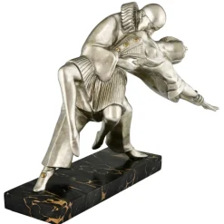 Thomas Cartier, Art Deco Skulptur der kubistischen Tänzer Pierrot und Colombine, 1930er, Bronze auf Marmorsockel