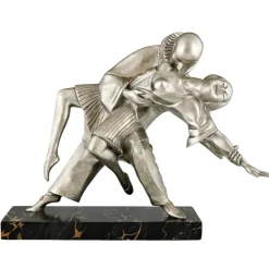 Thomas Cartier, Art Deco Skulptur der kubistischen Tänzer Pierrot und Colombine, 1930er, Bronze auf Marmorsockel