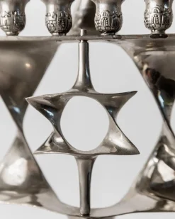 Versilberte Mid-Century Chanukka Menorah mit drehbarem Davidstern, 1960er