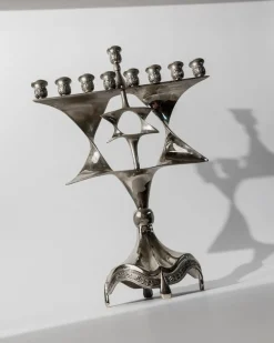 Versilberte Mid-Century Chanukka Menorah mit drehbarem Davidstern, 1960er
