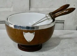 Viktorianische Eiche & Versilberte Salatschüssel mit Löffeln, 1890er, 3er Set