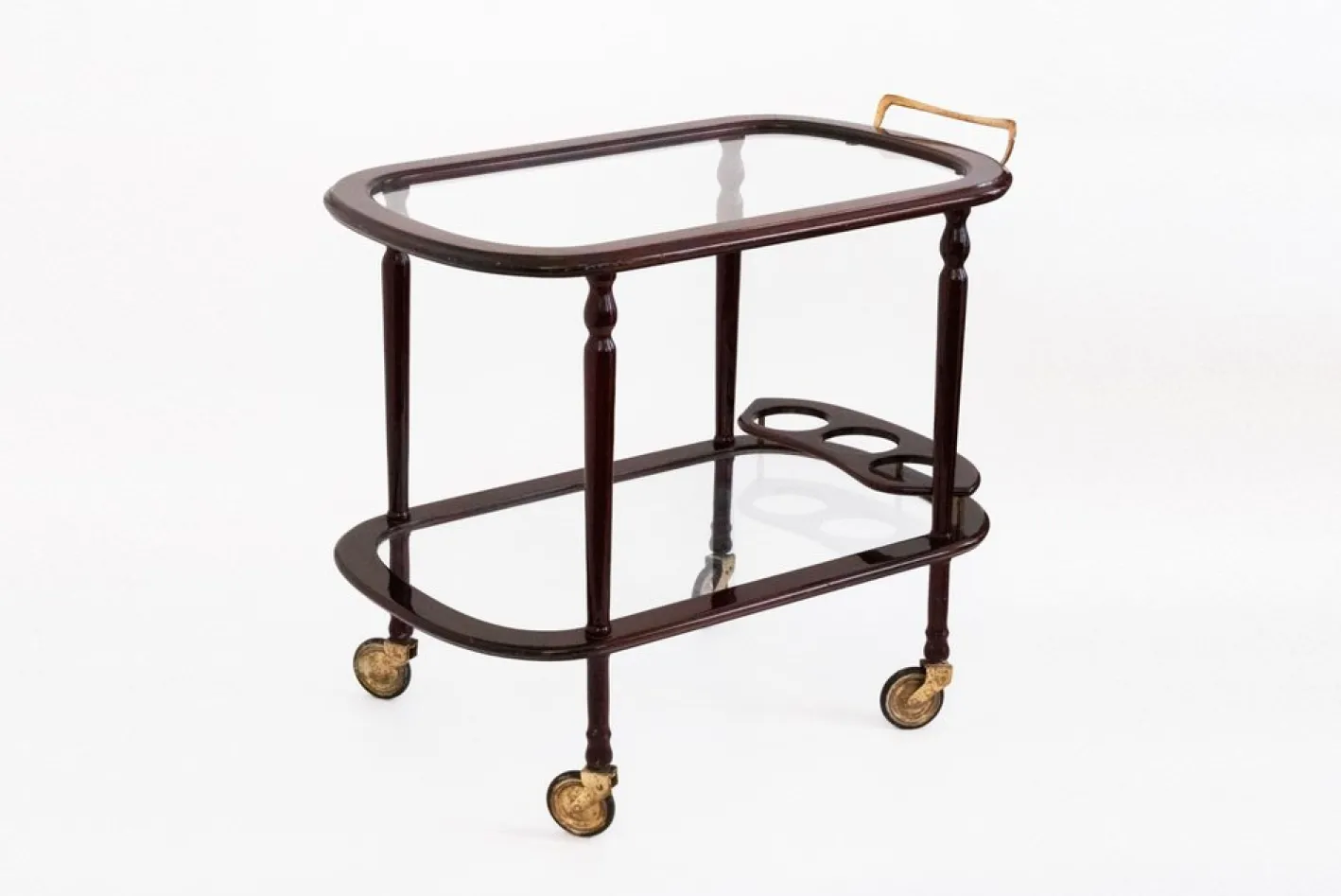 Zweistufiger Vintage Servierwagen aus Lackiertem Holz & Glas mit Messingdetails, 1940